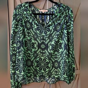 LOFT Green and Navy Patterned V Neck Blouse Large